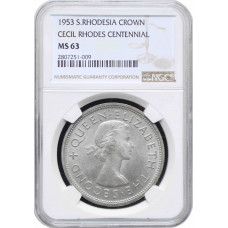 Southern Rhodesia 1 crown 1953, NGC MS63, "100th Birthday of Cecil Rhodes"