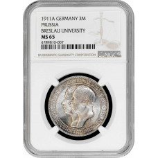 Preußen 3 Mark 1911 A, NGC MS65, "100 Jahre Universität Breslau" Silbermünze