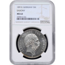 Saxony 5 mark 1891 E, NGC MS62, "King Albert (1873 - 1902)" Top Pop 2/0