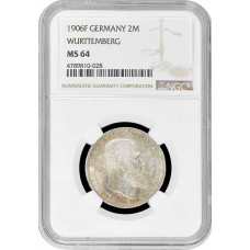 Вюртемберг 2 марки 1906 г. F, NGC MS64, "Король Вильгельм II (1891 - 1918)"