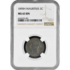 Mauritius 2 cents 1890 H, NGC MS63 BN, "Queen Victoria (1877 - 1901)"