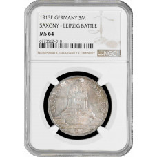 Saxony 3 mark 1913 E, NGC MS64, "100th Anniversary - Battle of Leipzig"