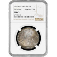 Sachsen 3 Mark 1913 E, NGC MS65, "100. Jahrestag der Schlacht bei Leipzig"