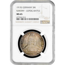 Sachsen 3 Mark 1913 E, NGC MS65, "100. Jahrestag der Schlacht bei Leipzig"