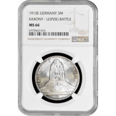 Saxony 3 mark 1913 E, NGC MS66, "100th Anniversary - Battle of Leipzig"