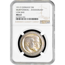 Würtemberg 3 Mark 1911 F, NGC MS63 PL, "Silberhochzeit: Wilhelm II & Charlotte"