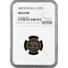 Ceylon 1/192 Rixdollar 1802, NGC MS64 BN, "König George III (1802-1820)" Top Pop