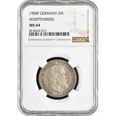 Würtemberg 2 Mark 1904 F, NGC MS64, "König Wilhelm II (1891 - 1918)" Silbermünze