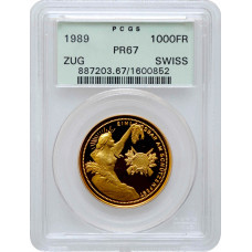 Switzerland 1000 francs 1989, PCGS PR67, "Menzingen Shooting Festival" gold coin