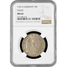 Веймарская Республика 3 рейхсмарки 1931 г. A, NGC MS62, "Веймарская республика (1924 - 1938)"