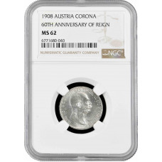 Austria 1 corona 1908, NGC MS62, "60th Anniversary of Reign" silver coin