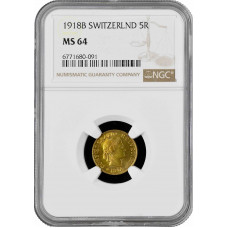 Швейцария 5 раппенов 1918 г. B, NGC MS64, "Швейцарская конфедерация (1917 - 1967)"