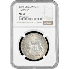 Hamburg 3 mark 1908 J, NGC MS63, "Free City (1871 - 1918)" silver coin