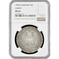 Lubeck 5 mark 1904 A, NGC MS63 ex PCGS MS64, "Free city of Lubeck (1871 - 1918)"