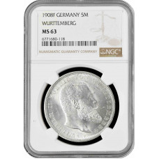 Wurttemberg 5 mark 1908 F, NGC MS63, "King William II (1891 - 1918)" silver coin