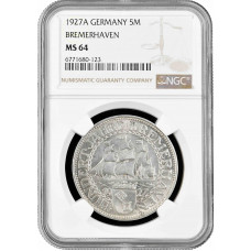 Веймарская Республика 5 рейхсмарок 1927 г. A, NGC MS64, "100 лет Бремерхафену"