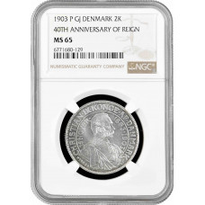 Denmark 2 kroner 1903, NGC MS65, "40th Anniversary of Reign" silver coin