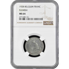 Belgien 1 Franken 1928 Flemish, NGC MS64, "Albert I (1910 - 1934)" Top Pop 1/0