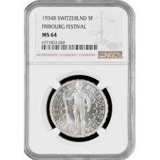 Schweiz 5 Franken 1934, NGC MS64,"Eidgenössisches Schützenfest 1881 in Freiburg"