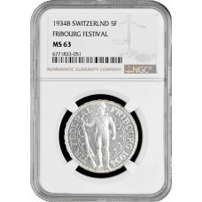 Schweiz 5 Franken 1934, NGC MS63,"Eidgenössisches Schützenfest 1881 in Freiburg"