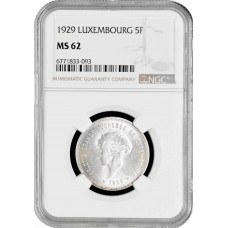 Luxemburg 5 Franken 1929, NGC MS62, "Großherzogin Charlotte (1918 - 1964)"