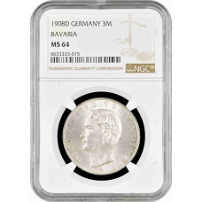 Bavaria 3 mark 1908 D, NGC MS64, "King Otto I (1886 - 1913)" silver coin