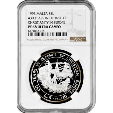 Мальта 5 лир 1993 г., NGC PF68 UC, "430 лет защите Христианства в Европе"