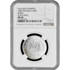 Вьетнам 100 донгов 1986 г., NGC MS68, "Олимпийские Игры, Калгари - Лыжник"