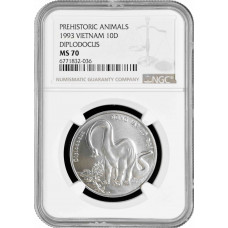 Вьетнам 10 донгов 1993 г., NGC MS70, "Доисторические животные - Диплодок" Top Pop 2/0