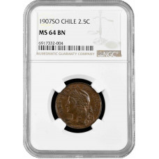 Chile 2.5 centavos 1907 So, NGC MS64 BN, "Republic of Chile (1899-1959)" Pop 1/1