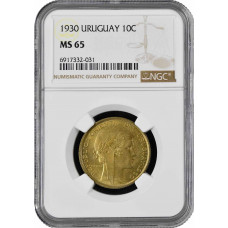 Уругвай 10 сентесимо 1930 г., NGC MS65, "100 лет Конституции"