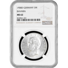 Bavaria 3 mark 1908 D, NGC MS62, "King Otto I (1886 - 1913)" silver coin