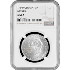 Bavaria 3 mark 1914 D, NGC MS62, "King Ludwig III (1913 - 1918)" silver coin