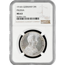 Prussia 3 mark 1914 A, NGC MS63, "Emperor Wilhelm II (1888 - 1918)" silver coin