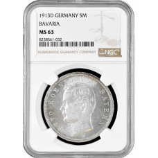 Bavaria 5 mark 1913 D, NGC MS63, "King Otto I (1886 - 1913)" silver coin