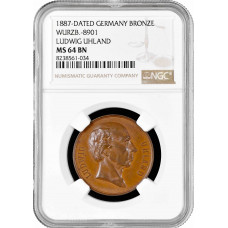 Germany bronze medal 1887, NGC MS64 BN, "100th Birthday of Ludwig Uhland"