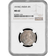 India - British 4 annas 1919 (C), NGC MS62, "King George V (1911 - 1937)"