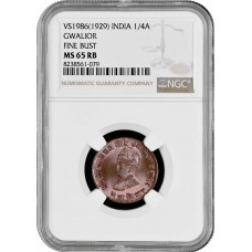 India 1/4 anna 1929, NGC MS65 RB, "Princely State of Gwalior (1889 - 1942)"