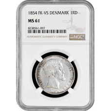 Denmark 1 rigsdaler 1854 FK-VS, NGC MS61, "King Frederick VII (1848 - 1863)"