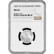 Denmark 16 skilling R.M. 1857 FK-VS, NGC MS64, "King Frederick VII (1848-1863)"