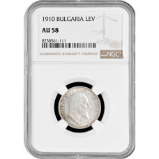 Bulgaria 1 lev 1910, NGC AU58, "Tsar Ferdinand I (1908 - 1918)" silver coin