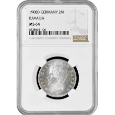 Bavaria 2 mark 1908 D, NGC MS64, "King Otto I (1886 - 1913)" silver coin