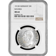 Bavaria 3 mark 1913 D, NGC MS64, "King Otto I (1886 - 1913)" silver coin