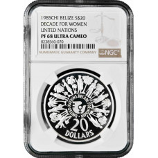 Белиз 20 долларов 1985 г. CHI, NGC PF68 UC, "ООН - Десятилетие женщин"