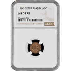 Нидерланды 1/2 цента 1906 г., NGC MS64 RB, "Королева Вильгельмина (1890 - 1948)"