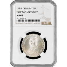 Веймарская Республика 3 рейхсмарки 1927 г. F, NGC MS64, "450 лет Тюбингенскому университету"
