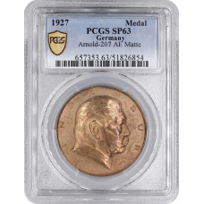 Веймарская Республика  бронзовая медаль 1927 г., PCGS SP63, "80-летие Пауля фон Гинденбурга"