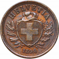 Швейцария 2 раппена 1890 г. B, AU, "Швейцарская Конфедерация (1850 - 1916)"