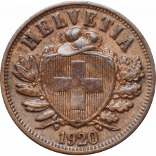 Швейцария 2 раппена 1920 г. B, AU, "Швейцарская конфедерация (1917 - 1967)"