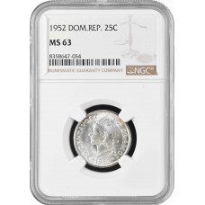 Dominican Republic 25 centavos 1952, NGC MS63, "Republic (1937 - 2023)" silver